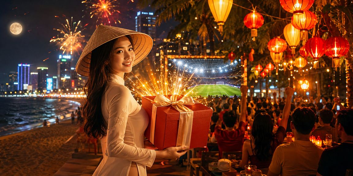 Cô gái đội nón lá tại Hội An mở ứng dụng trò chơi trực tuyến dưới ánh đèn lồng phố cổ